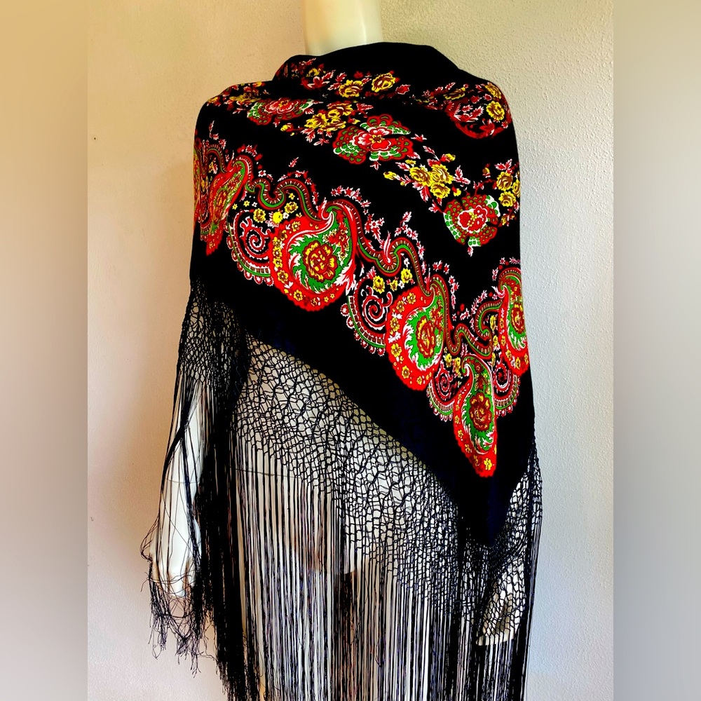 Vintage Black and Multicolor Paisley Scarf